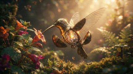 Fototapeta premium Steampunk mechanical hummingbird hovering near flowers