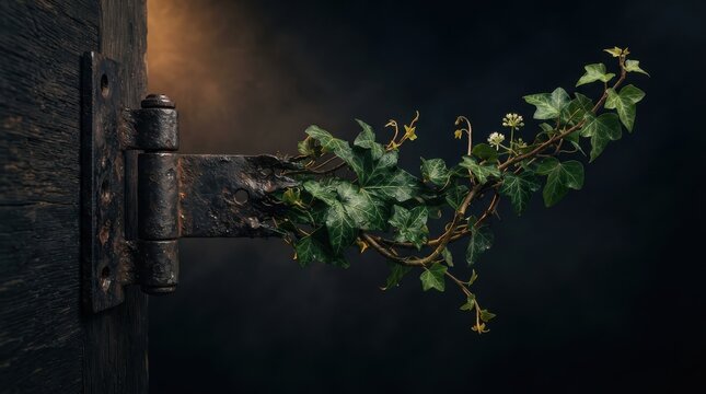 Old metal hinge covered in green ivy leaves
