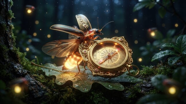 Steampunk firefly with ornate golden compass on a forest leaf