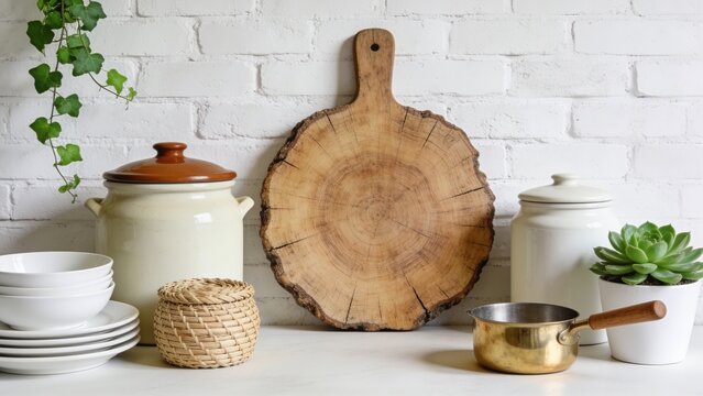 Rustic wooden cutting board and minimalist kitchenware arranged on white shelf against clean wall
