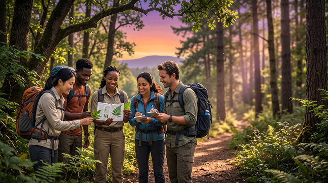 Diverse group of young hikers reading a map together on a forest trail at sunset during an outdoor adventure