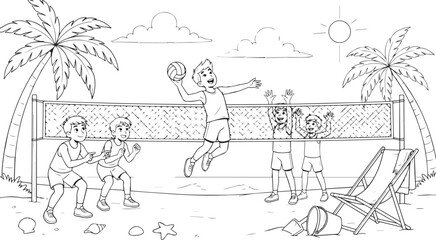 Fototapeta premium People playing beach volleyball on sunny day illustration with volleyball vacation recreation activity tropical exercise relaxation lifestyle enjoyment