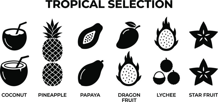Tropical fruit black silhouette icon set including pineapple coconut papaya mango dragon fruit lychee and star fruit