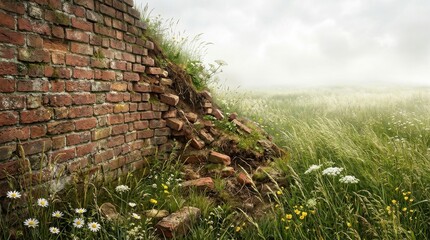 Naklejka premium Old brick wall ruins in a grassy meadow