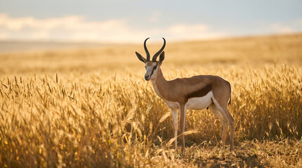 Fototapeta premium Antelope standing golden savanna grassland wildlife serene habitat curved horns natural beauty harmony environment early morning light African safari photography generative ai
