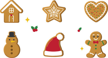 Fototapeta premium Christmas Gingerbread Cookie Vector Icon Set Featuring Gingerbread Man House Star Heart Snowman and Santa Hat for Holiday Bakery Designs