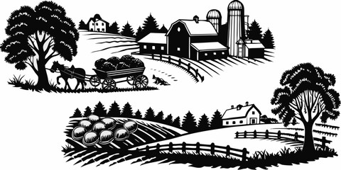 vintage farm scenes in black and white woodcut style rural landscape barn wagon © Partha