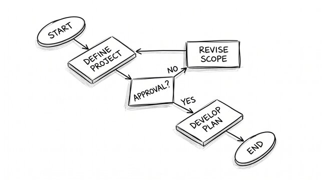 Project management workflow diagram showing start define project approval and develop plan steps.