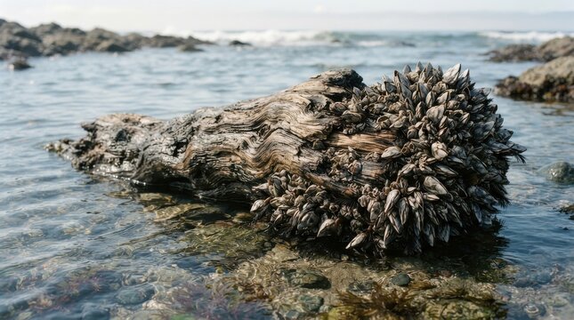 Driftwood log covered in barnacles on a rocky beach