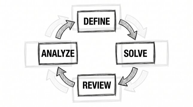 Four step iterative cycle diagram featuring define analyze solve and review stages in sketch style.