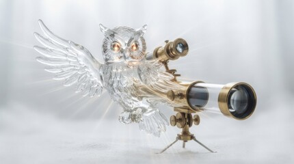 Fototapeta premium Glass owl figurine with vintage brass telescope