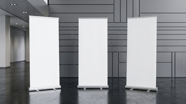 Blank roll-up banners modern interior geometric wall reflective dark floor professional exhibition advertising corporate signage promotional display conference setup   generative ai