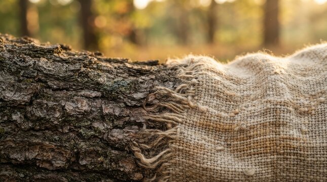 Burlap fabric draped over tree trunk in forest