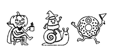 Halloween Funny Character Line Icon Set, Vampire Pumpkin Witch Snail Running Donut Black Outline Vector Illustration, Cute Doodle Collection for October Fall Kids Holiday Design