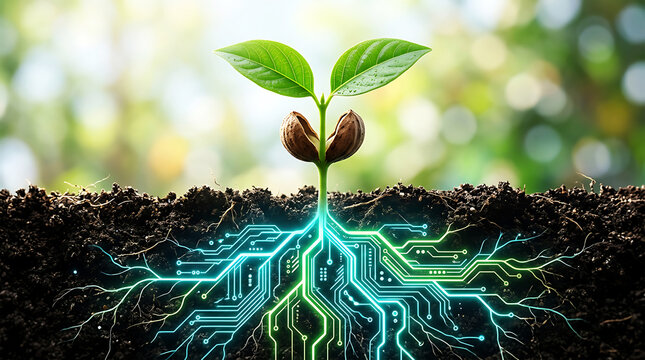 Seedling with glowing digital roots emerging from dark soil plant
