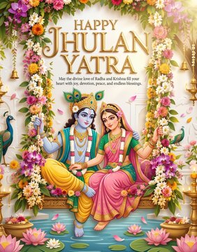 Hindu deities radha krishna sitting on floral swing during jhulan yatra celebration festive greeting with surrounded blooming lotus flowers traditional oil lamps serene krishna seated together