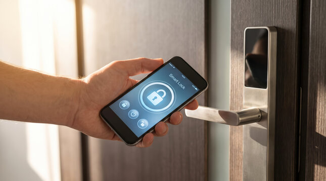 A hand holds a smartphone that displays a lock icon while pointing it at a smart lock on a door. Sunlight comes in through a window