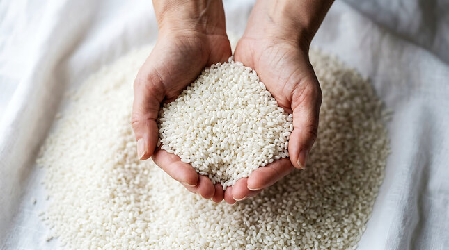 Hands holding white granular powder in cupped palms