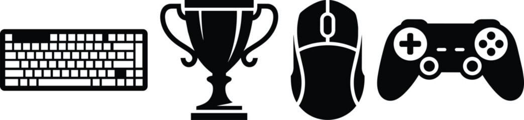 Gaming peripherals and esports trophy icons collection showing computer keyboard, ergonomic mouse, handheld game controller, and championship victory award © MC Creative