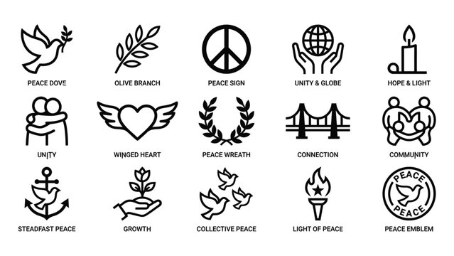 Set of peace and unity line art symbols with displays collection black white symbols representing peace