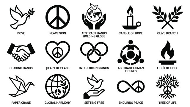 Collection of black and white peace sign symbols with vector symbols representing displays set monochrome