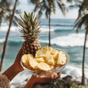 Pineapple slices are held near the ocean shore.