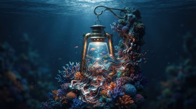 Glowing antique lantern underwater with coral reef and small fish