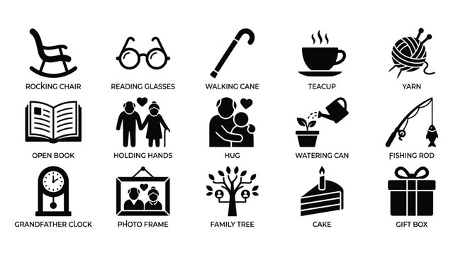 Senior lifestyle activities icons set featuring hobbies and family moments in minimalist black silhouette design