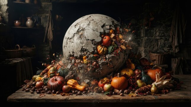 Exploding concrete sphere with autumn harvest on wooden table