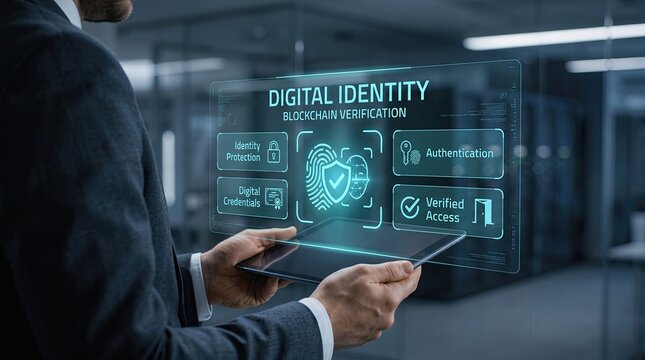 Businessman using a digital tablet to interact with futuristic blockchain technology and data visualization in office