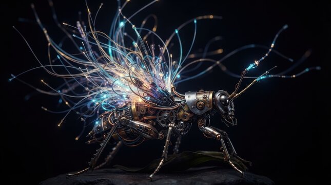 Steampunk mechanical insect with glowing fiber optic wings