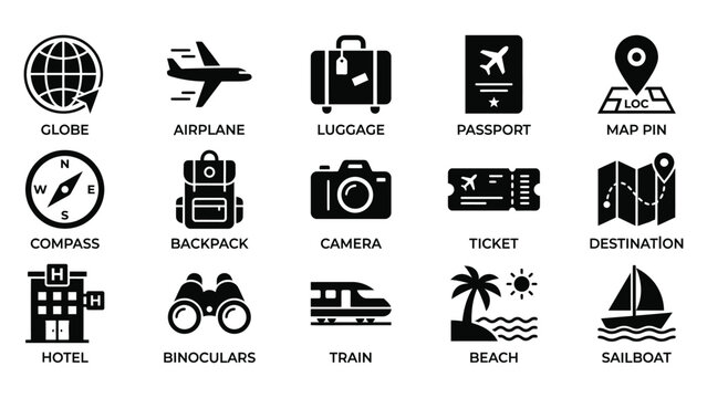 Set of fifteen minimalist black travel symbols for tourism and vacation planning graphic design projects