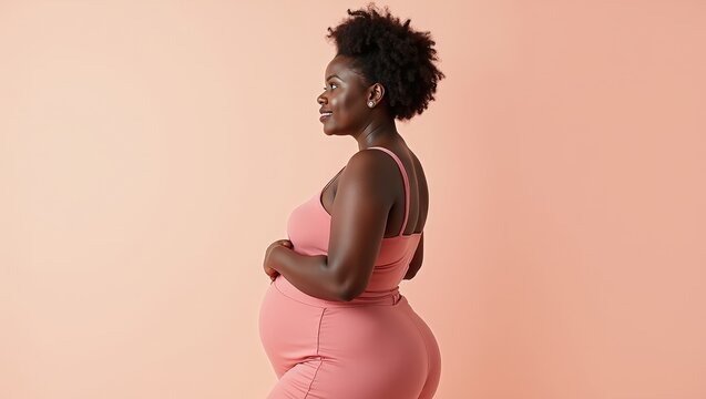Full body African woman of plus size model on pastel background	