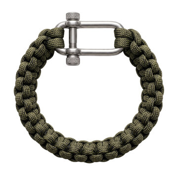 Green paracord survival bracelet with metal shackle isolated on transparent background