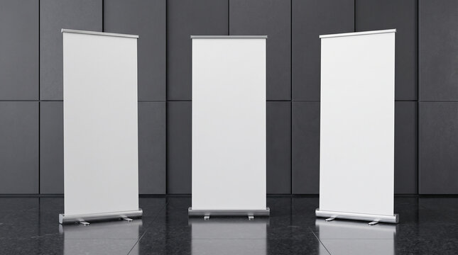 Blank vertical banner stands exhibition advertising clean white display minimal design dark tiled wall reflective floor professional commercial presentation setup   generative ai