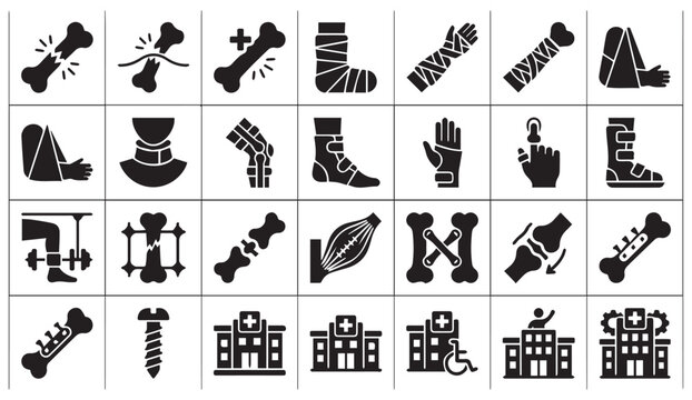 Orthopedic surgery and bone injury treatment icon set with orthopedic, fracture