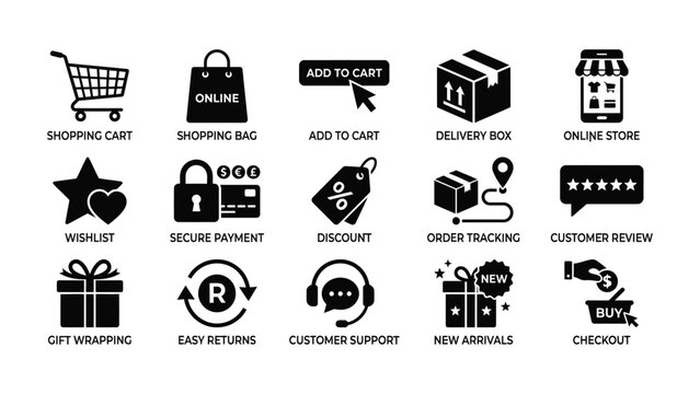 E commerce and online retail shopping interface icon set with various consumer transaction symbols
