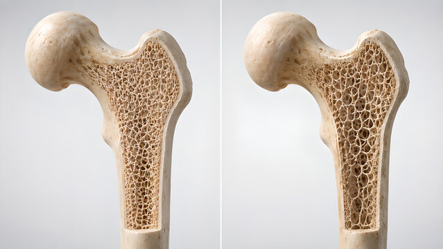 Osteoporosis bone comparison showing normal versus porous femur anatomy with thin cortical bone, photorealistic medical illustration for healthcare, medical education, and patient communication