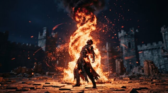 Fiery warrior standing in flames in dark fantasy