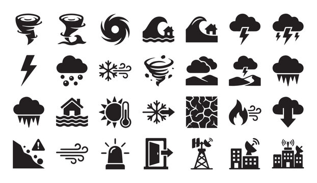 Set of severe weather and natural disaster icons with disaster, hurricane