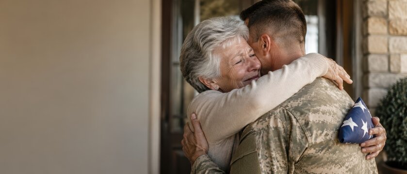 Emotional elderly mother hugs a soldier in camouflage uniform on a porch while he holds a folded American flag