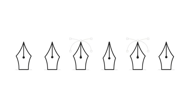 Minimalist fountain pen nib icon collection showcasing vector design refinement with editable B&eacute;zier path guides, representing graphic design, illustration, calligraphy, and creative software tools.