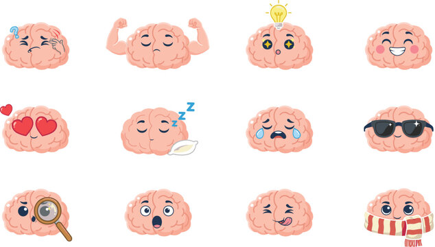 Cute Cartoon Brain Character Mascot Expression Set Featuring Idea, Sleeping, Sad, Happy, and Strong Mind Vectors for Mental Health and Psychology Design