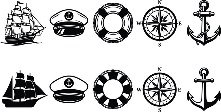Nautical maritime vector icon set featuring vintage ships captains hats lifebuoys anchors and compass rose silhouettes