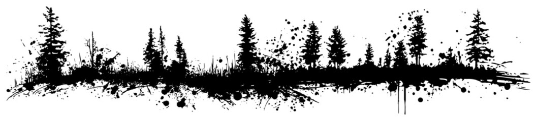 Pine forest landscape with coniferous trees in artistic ink splatter and black grunge silhouette style © Wuszu