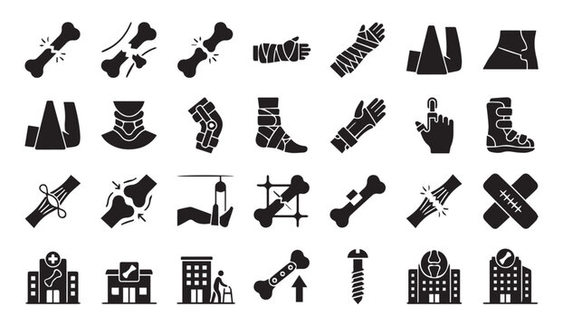 Bone fracture and orthopedic trauma treatment icons with orthopedic, fracture