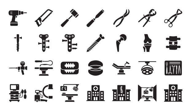 Surgical tools and orthopedic operation instruments icons set with surgical