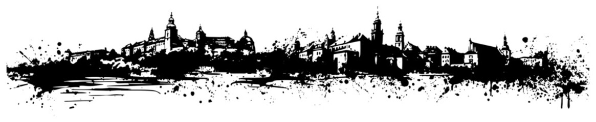 Fototapeta premium Old city skyline panorama and historical architecture in grungy ink splatter style