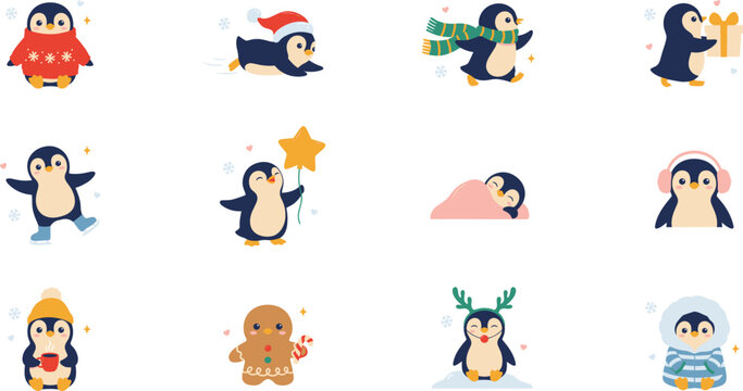 Cute Cartoon Christmas Winter Penguin Character Set with Little Penguins Wearing Santa Hats Sweaters and Scarves Holiday Graphic Design Vector