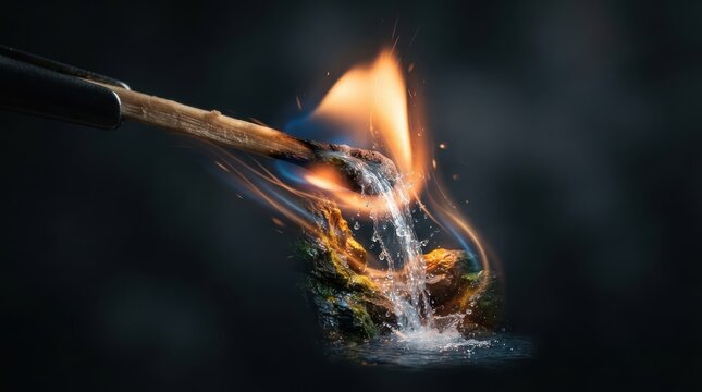 Lit matchstick touching water stream